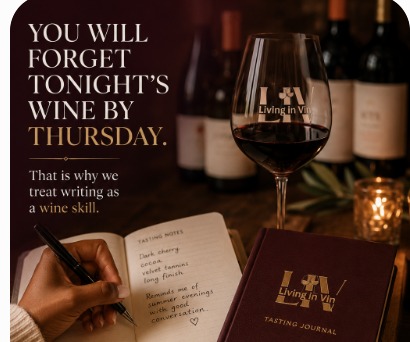 LIV tasting journal graphic: a hand writes tasting notes beside a branded Living in Vin journal and a glass of red wine, headlined You will forget tonight's wine by Thursday — that is why we treat writing as a wine skill