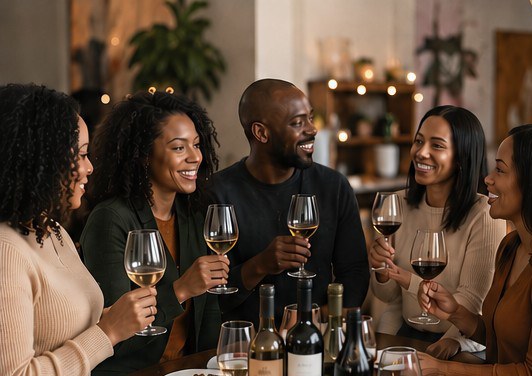 Friends toasting with wine at a warm, candlelit gathering