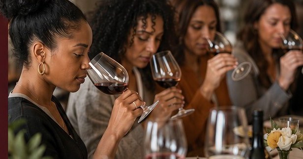 Women learning to nose and taste red wine during a guided class
